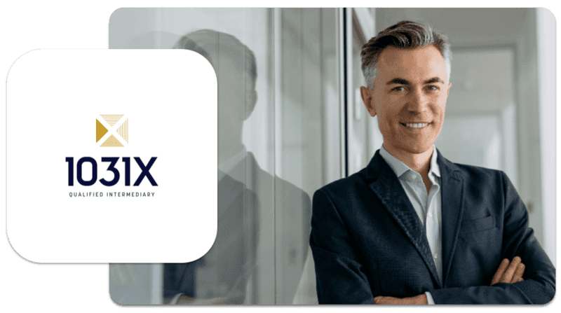 a man in a business suit standing next to the 1031x logo